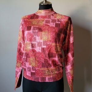 Pink 1960s 1970s mock neck long sleeve print top